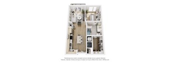 A 3D floor plan of a small apartment with a kitchen, living room, and bathroom.