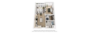 A 3D floor plan of a small apartment with a kitchen, living room, and bathroom.