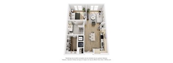 A floor plan of a small apartment with a kitchen, living room, and bathroom.