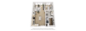 A 3D floor plan of a small apartment with a kitchen, living room, and bedroom.