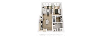 A floor plan of a small apartment with a kitchen, living room, and bathroom.
