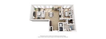 A top-down view of a modern apartment layout with a kitchen, living room, and bathroom.