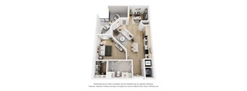 A 3D floor plan of a house with a kitchen, living room, and bathroom.