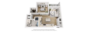 A 3D floor plan of a small apartment with a kitchen, living room, and bathroom.