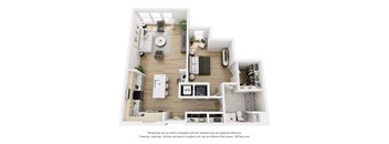 A 3D floor plan of a house with a kitchen, living room, dining room, and bedrooms.