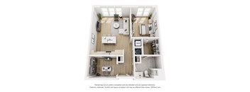 A 3D floor plan of a small apartment with a kitchen, living room, and bathroom.