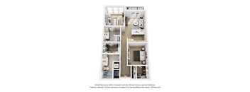 A 3D floor plan of a small apartment with a kitchen, living room, and bathroom.