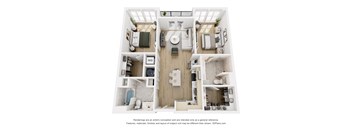 A 3D floor plan of a small apartment with a kitchen, living room, and two bedrooms.