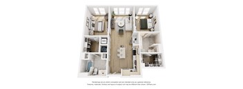 A 3D floor plan of a small apartment with a kitchen, living room, and bathroom.