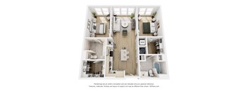 A 3D floor plan of a small apartment with a kitchen, living room, and bathroom.