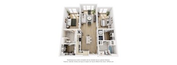 A 3D floor plan of a house with a kitchen, living room, and two bedrooms.