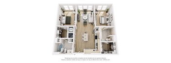 A 3D floor plan of a small apartment with a kitchen, living room, and bathroom.