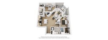 A 3D floor plan of a house with multiple rooms and furniture.