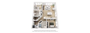 A 3D floor plan of a small apartment with a kitchen, living room, and bathroom.