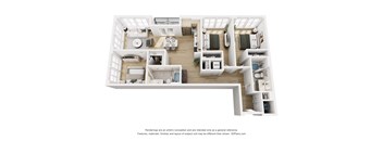 A 3D floor plan of a house with a kitchen, living room, and two bedrooms.
