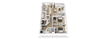 A 3D floor plan of a house with a kitchen, living room, and bathrooms.