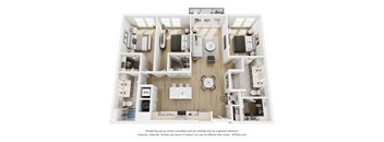 A 3D floor plan of a house with a kitchen, living room, and bathrooms.