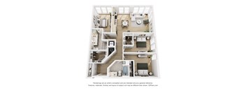 A 3D floor plan of a house with a kitchen, living room, and two bedrooms.
