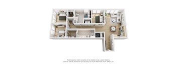 A 3D floor plan of a house with a kitchen, living room, and two bedrooms.