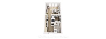 A 3D floor plan of a small apartment with a kitchen, living room, and bathroom.