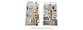 Two floor plans of a house with a kitchen, living room, and bedrooms.