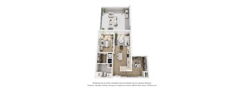 A 3D floor plan of a house with a kitchen, living room, and two bedrooms.