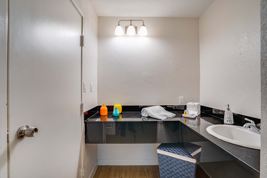 a bathroom with a sink and a shower and a mirror
