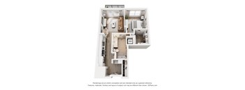 A 3D floor plan of a house with a kitchen, living room, and two bedrooms.