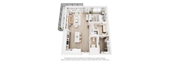 A 3D floor plan of a house with a kitchen, living room, and bathroom.