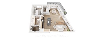 A floor plan of a house with a kitchen, living room, dining room, and bathrooms.