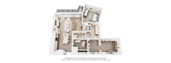 A 3D floor plan of a small apartment with a kitchen, living room, and bathroom.