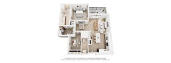 A 3D floor plan of a house with a kitchen, living room, and bathroom.