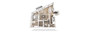 A 3D floor plan of a house with a kitchen, living room, and two bedrooms.