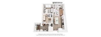 A 3D floor plan of a small apartment with a kitchen, living room, and bathroom.