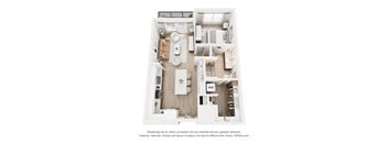 A 3D floor plan of a small apartment with a kitchen, living room, and bathroom.