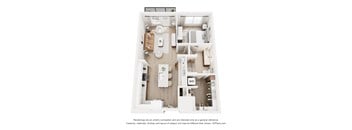A 3D floor plan of a small apartment with a kitchen, living room, and bathroom.