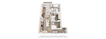 A 3D floor plan of a small apartment with a kitchen, living room, and bathroom.
