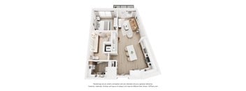 A 3D floor plan of a small apartment with a kitchen, living room, and bathroom.
