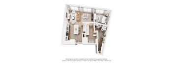 A 3D floor plan of a house with a kitchen, living room, and bathroom.