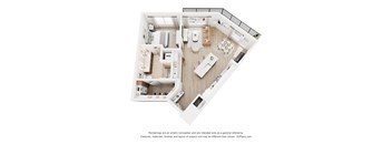 A 3D floor plan of a house with a kitchen, living room, and bathrooms.