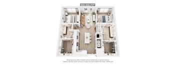 A 3D floor plan of a house with a kitchen, living room, and two bedrooms.