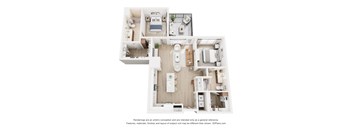 A floor plan of a house with a kitchen, living room, bedrooms and bathrooms.