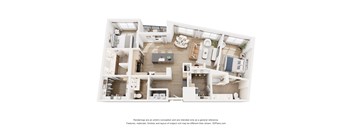 A 3D floor plan of a house with a kitchen, living room, and bathrooms.