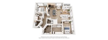 A 3D floor plan of a house with a kitchen, living room, dining room, and bathrooms.