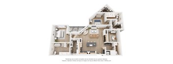 A 3D floor plan of a house with a kitchen, living room, and bedrooms.