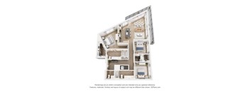 A 3D floor plan of a house with a kitchen, living room, and two bedrooms.