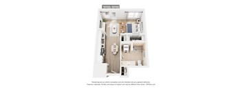 A 3D floor plan of a small apartment with a kitchen, living room, and bathroom.