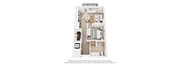 A 3D floor plan of a small apartment with a kitchen, living room, and bathroom.