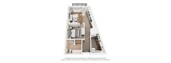 A 3D floor plan of a small apartment with a kitchen, living room, and bathroom.