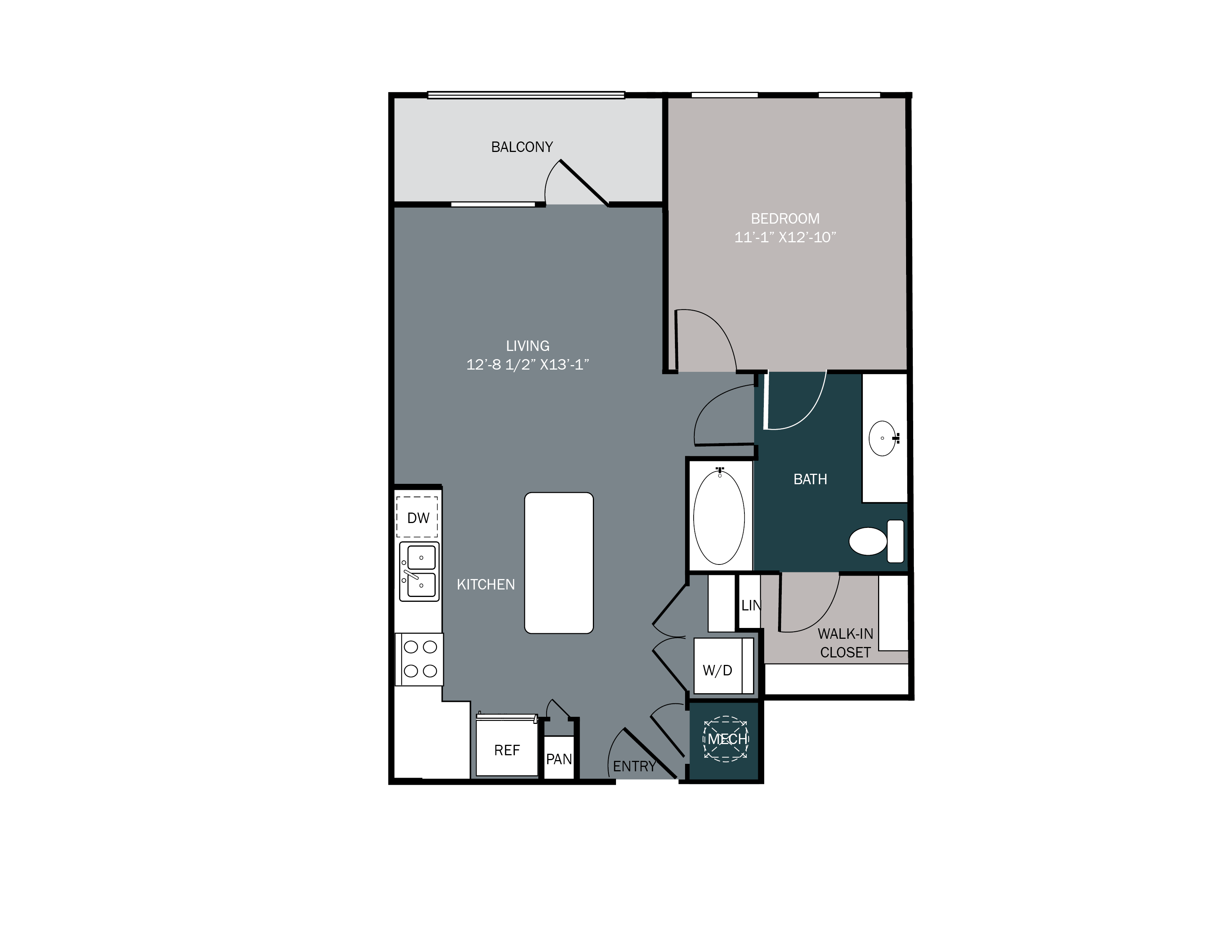 One bedroom apartment with large kitchen island